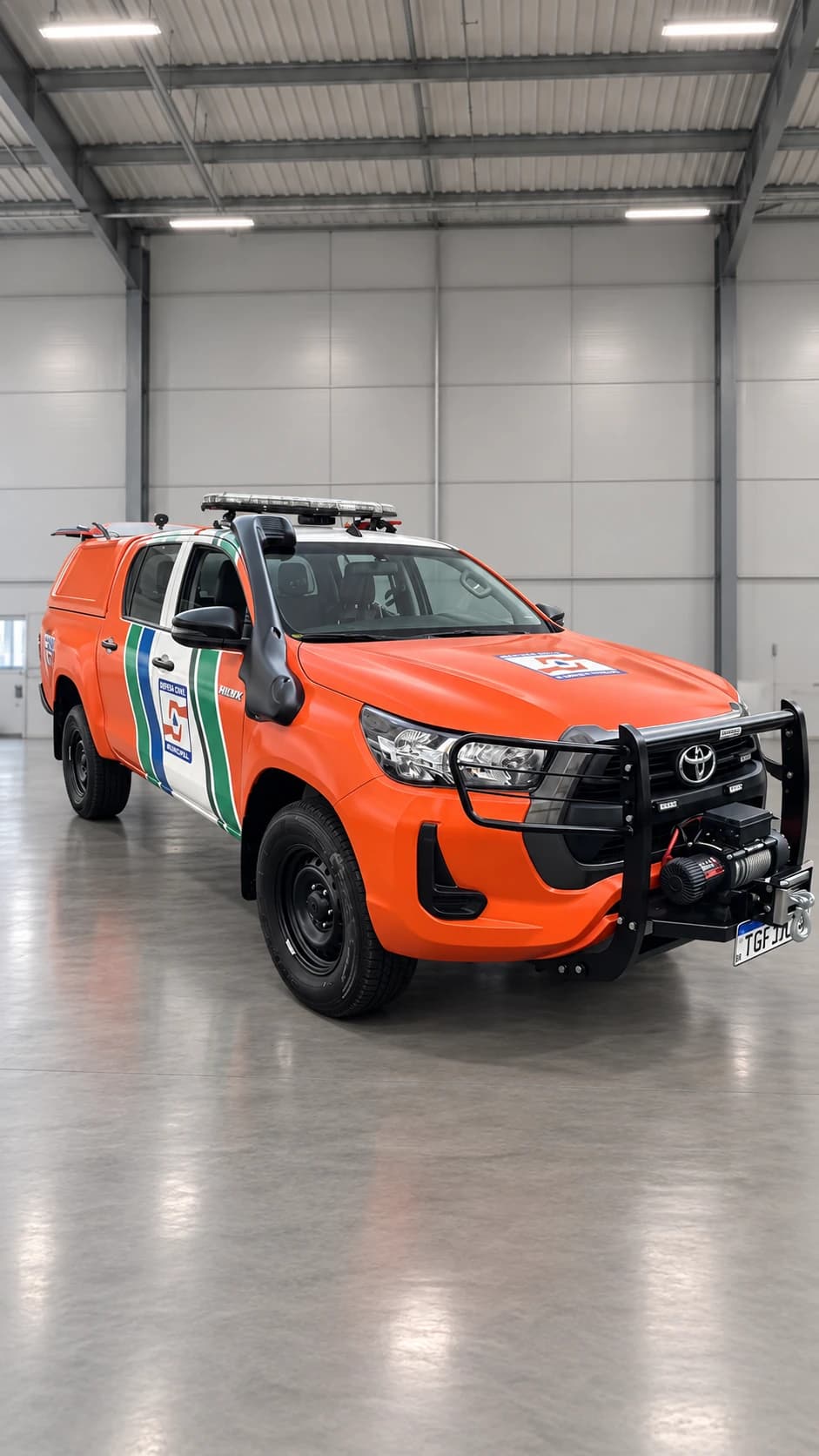 Toyota Hilux equipada para a Defesa Civil em vista frontal e lateral